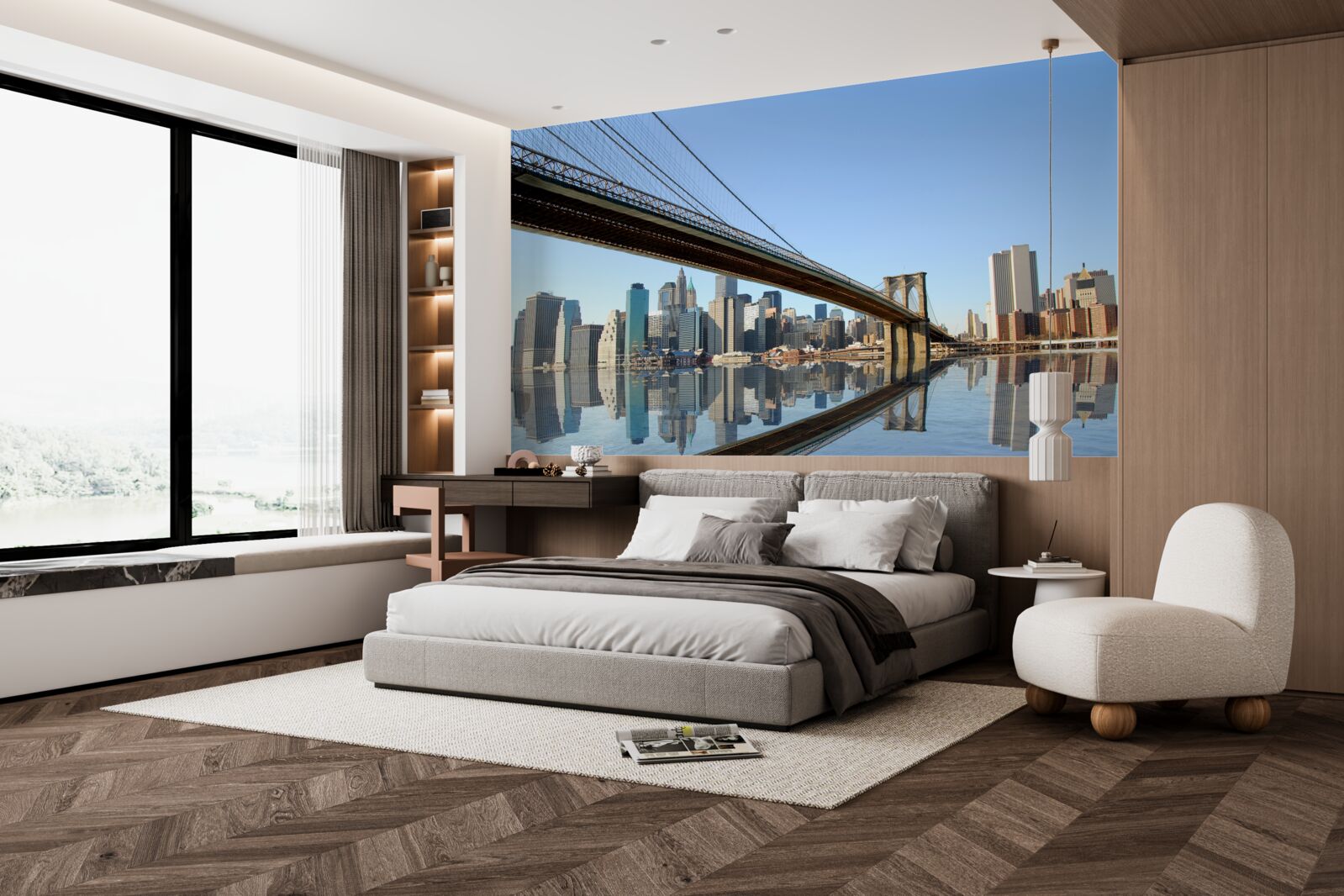 Fototapet un pod care traversează un râu și conduce la un oraș mare