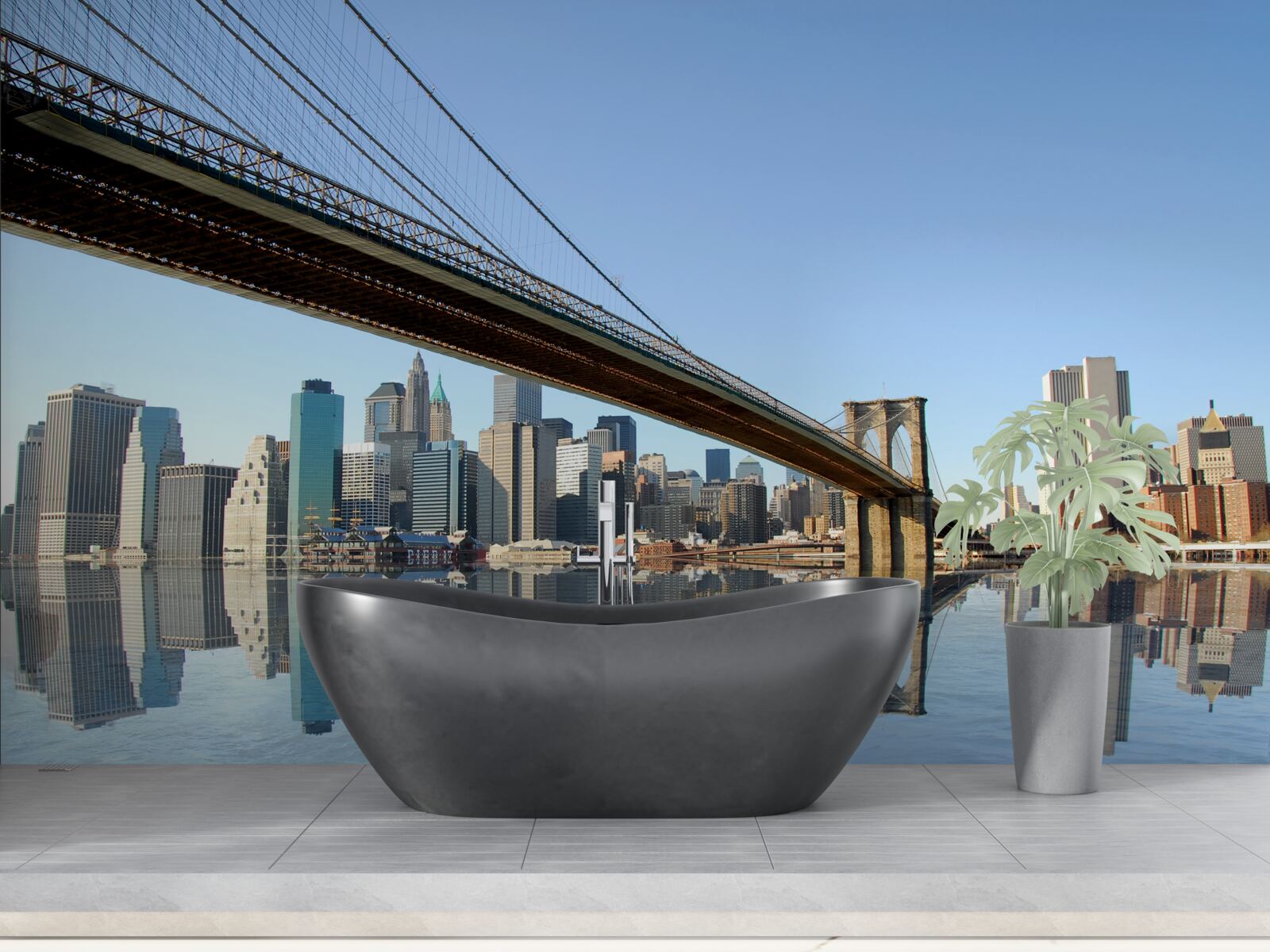 Fototapet un pod care traversează un râu și conduce la un oraș mare