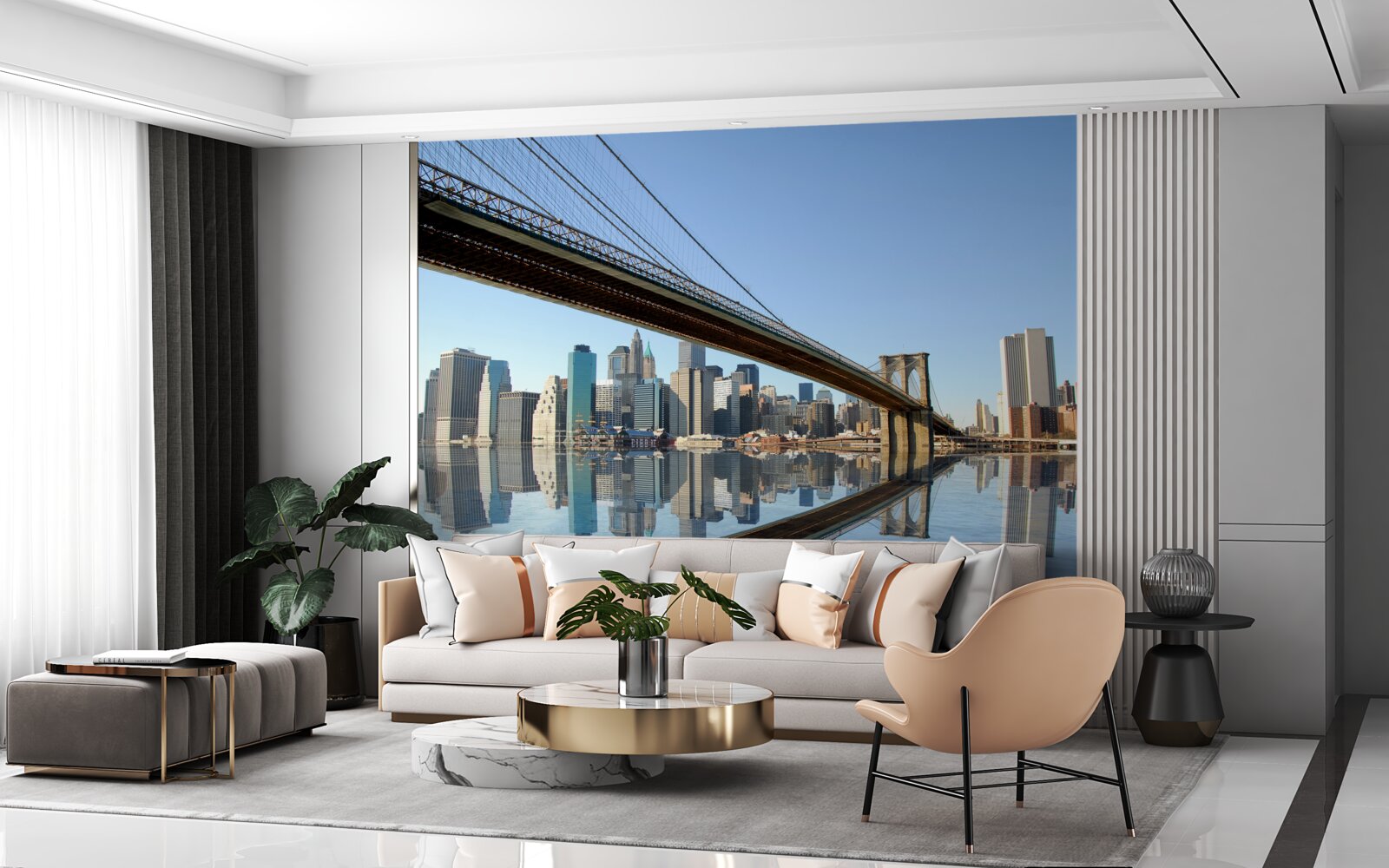 Fototapet un pod care traversează un râu și conduce la un oraș mare