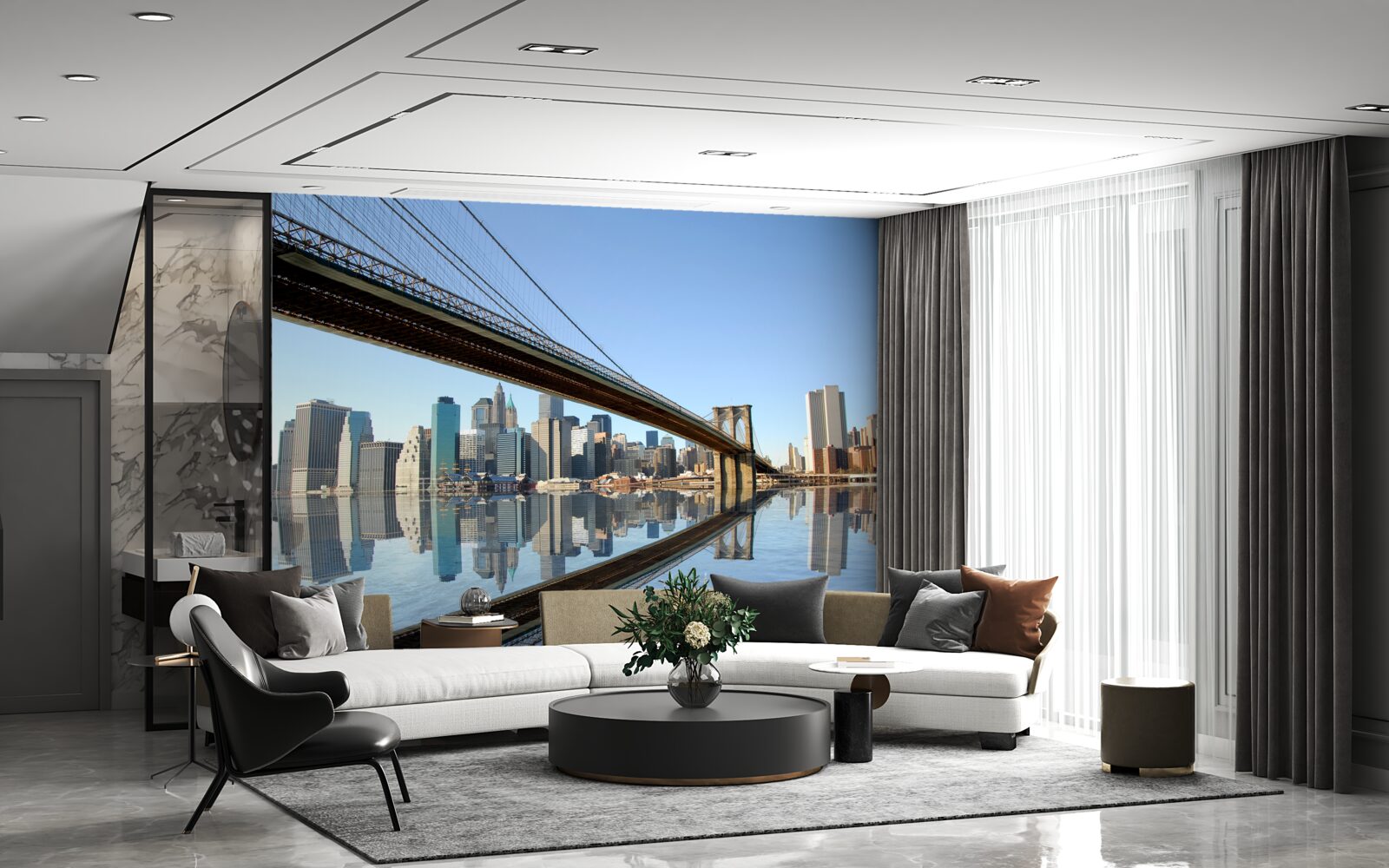 Fototapet un pod care traversează un râu și conduce la un oraș mare