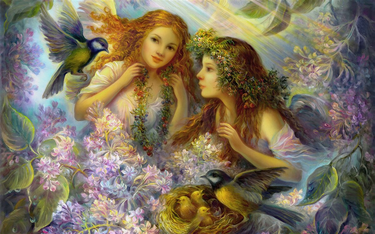 Fototapet păsările vorbesc cu două fete printre flori