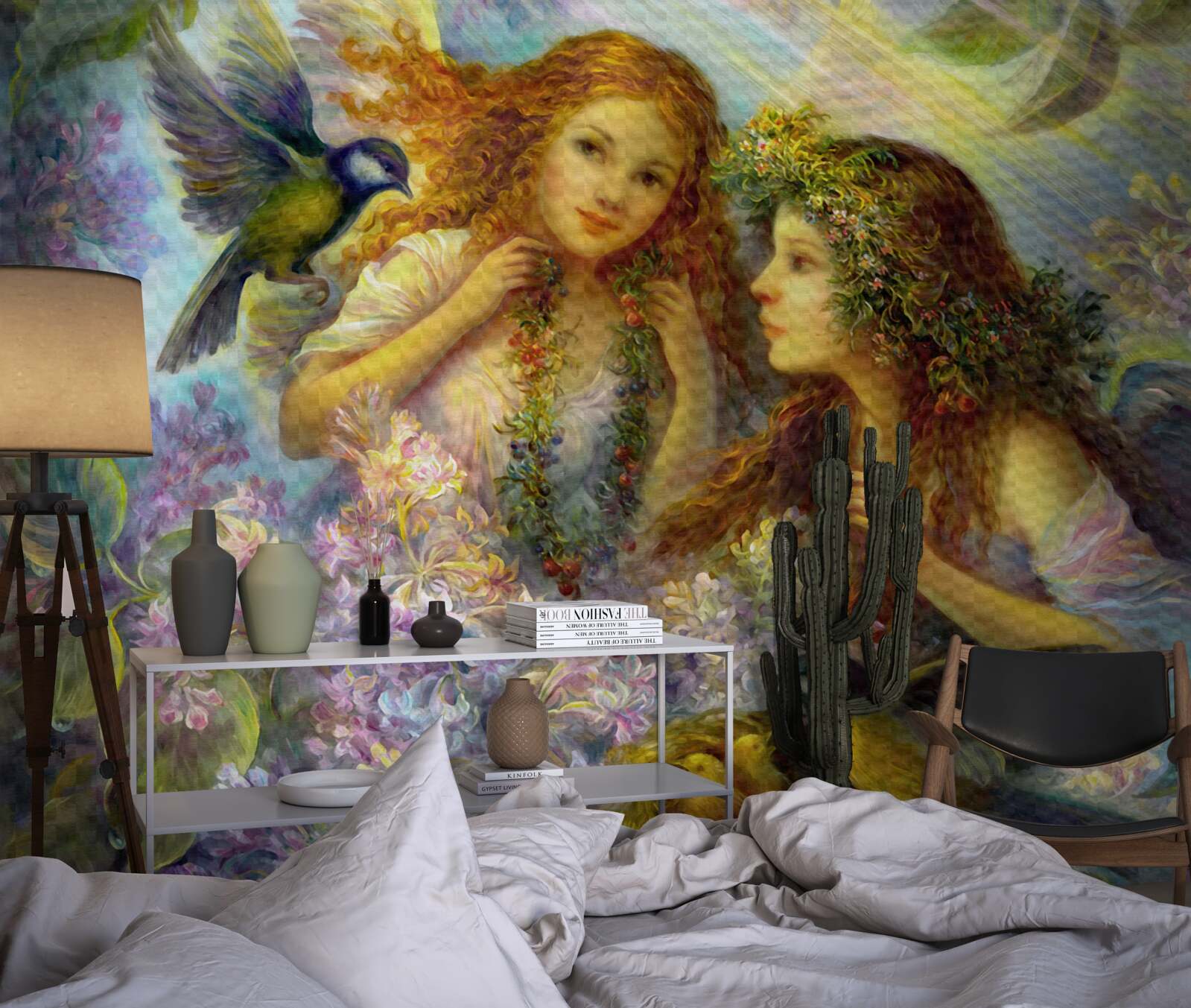 Fototapet păsările vorbesc cu două fete printre flori