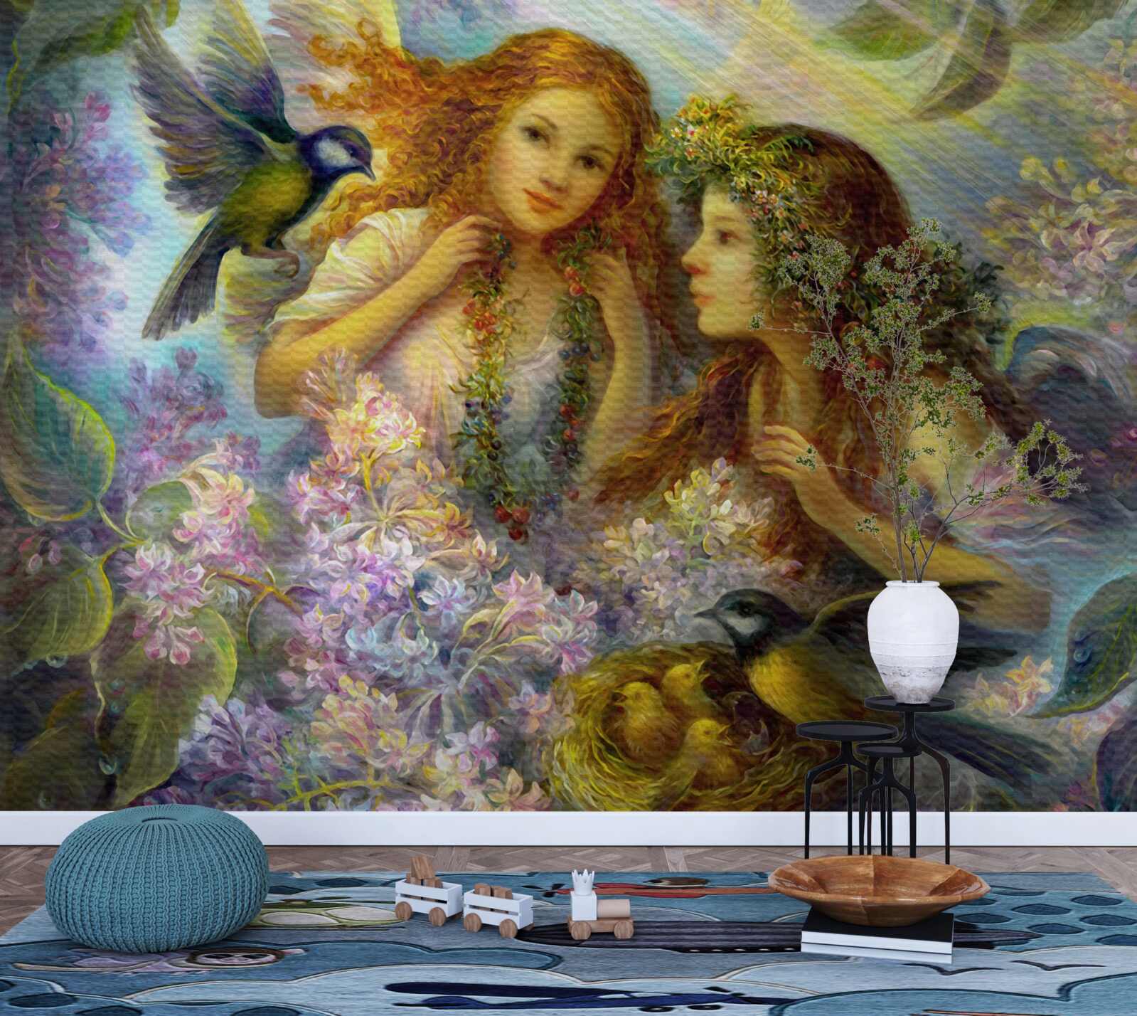 Fototapet păsările vorbesc cu două fete printre flori