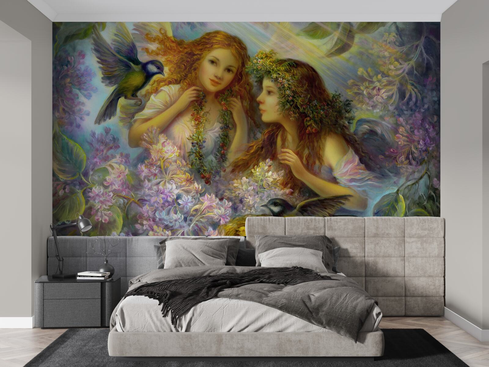 Fototapet păsările vorbesc cu două fete printre flori