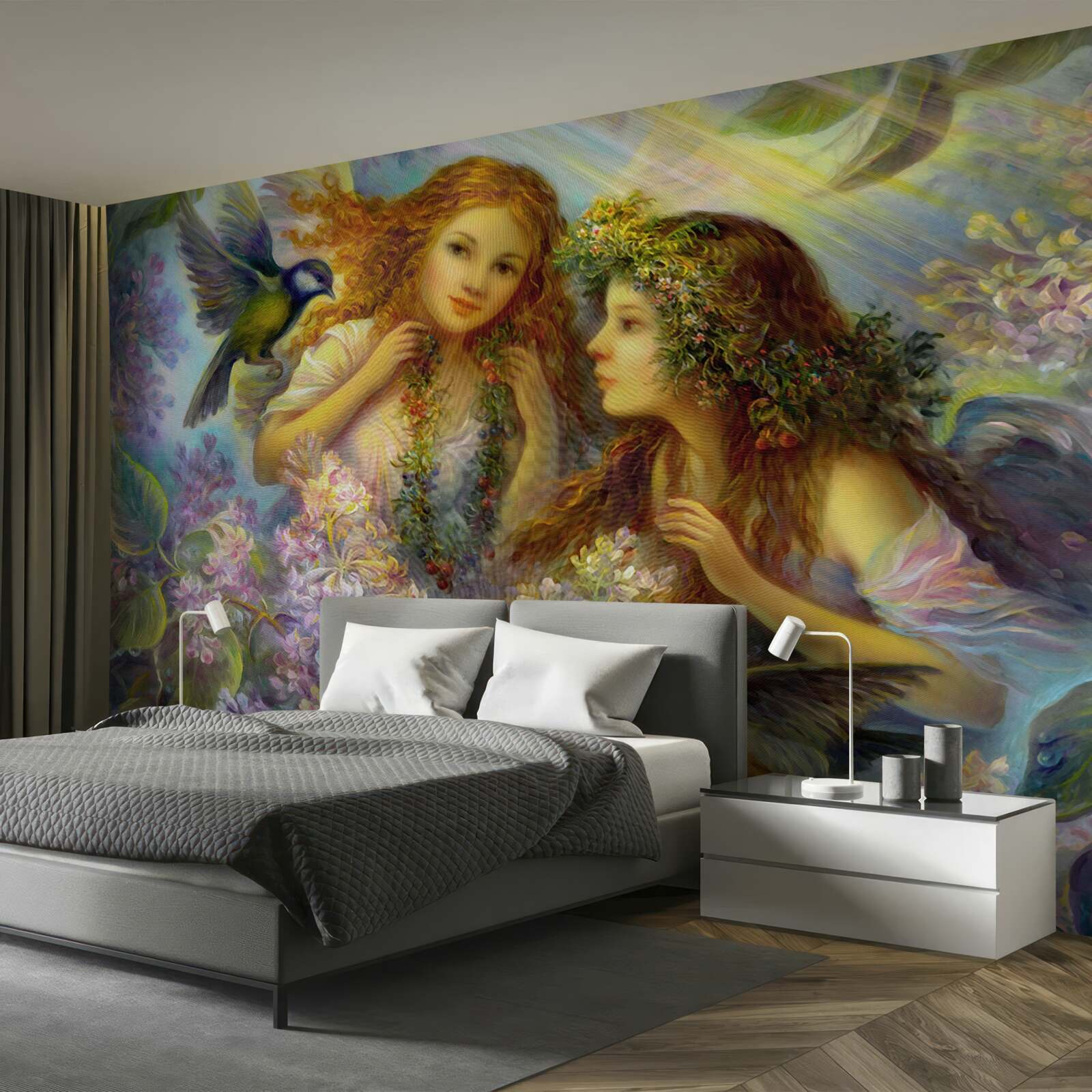 Fototapet păsările vorbesc cu două fete printre flori