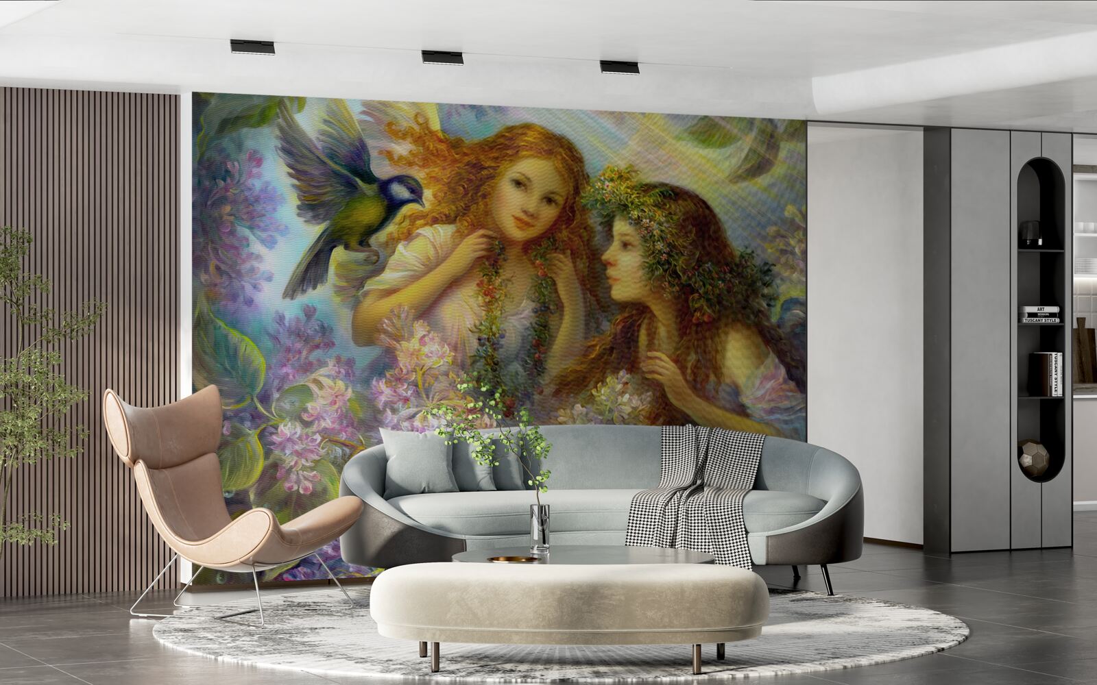 Fototapet păsările vorbesc cu două fete printre flori