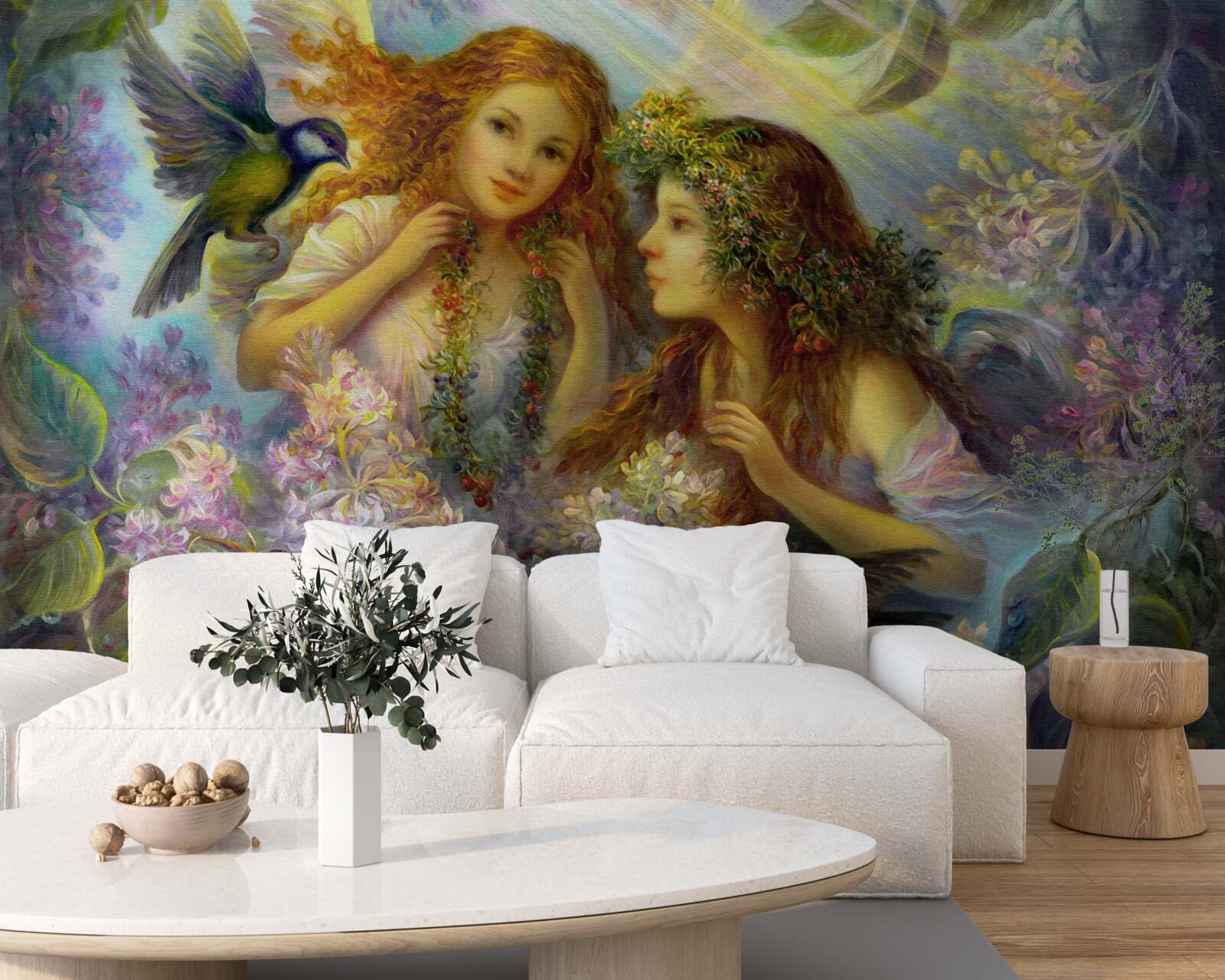 Fototapet păsările vorbesc cu două fete printre flori