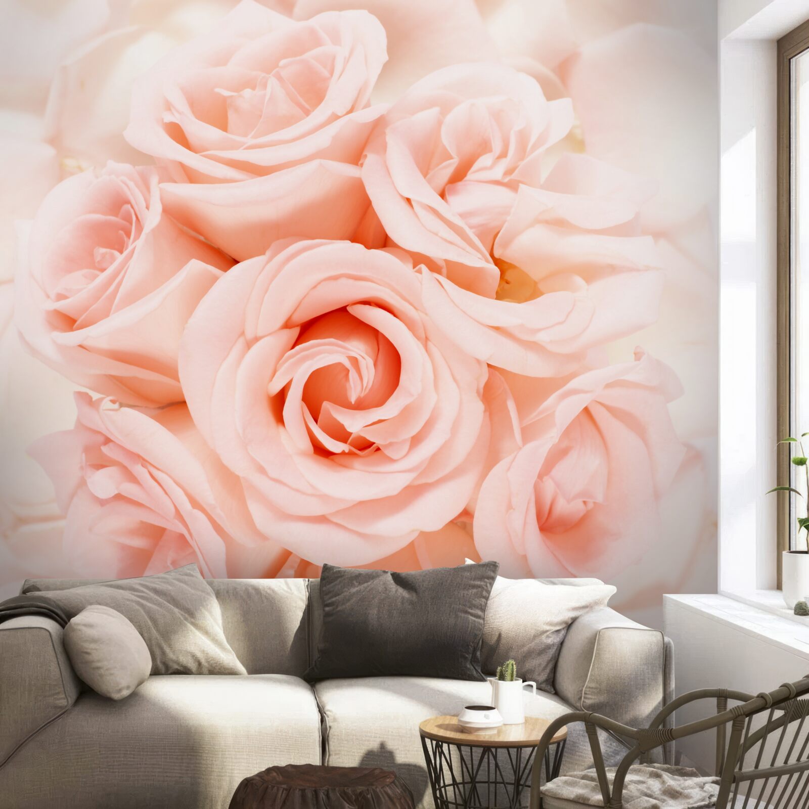 Fototapet mugur de trandafir piersică într-un buchet delicat