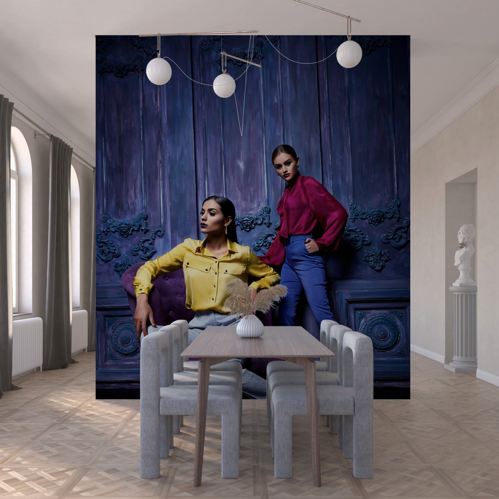 Fototapet fete în pantofi cu toc înalt fac fotografii lângă zidul antic