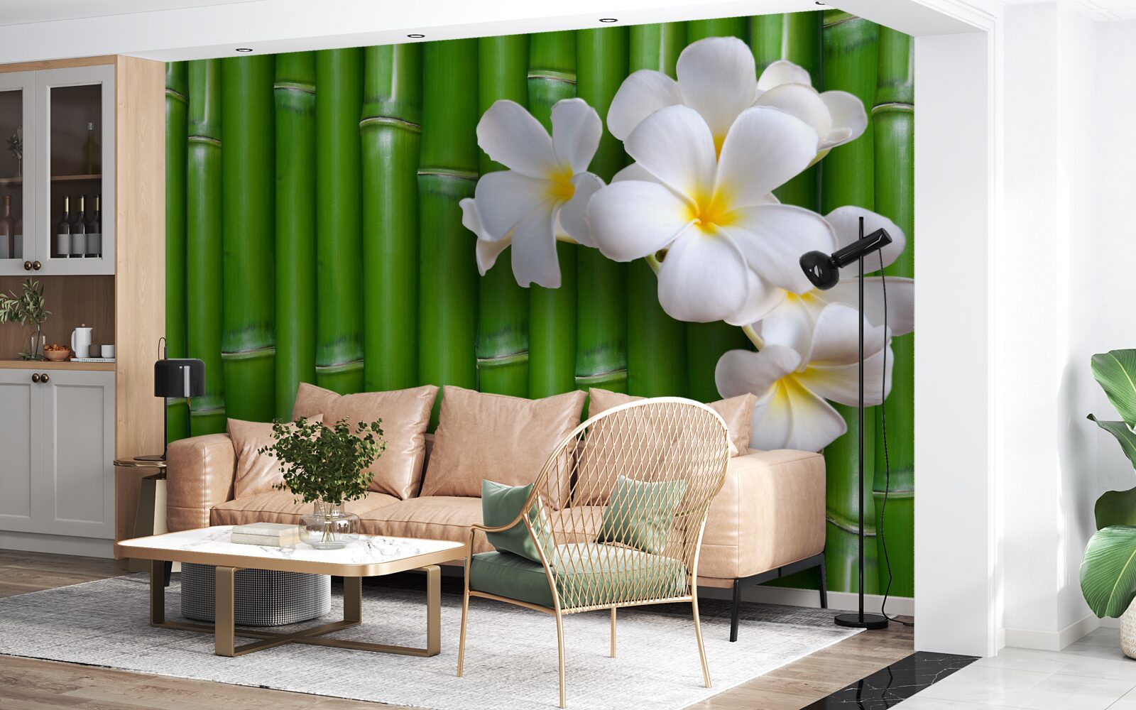 Fototapet flori luminoase pe bambus verde înalt