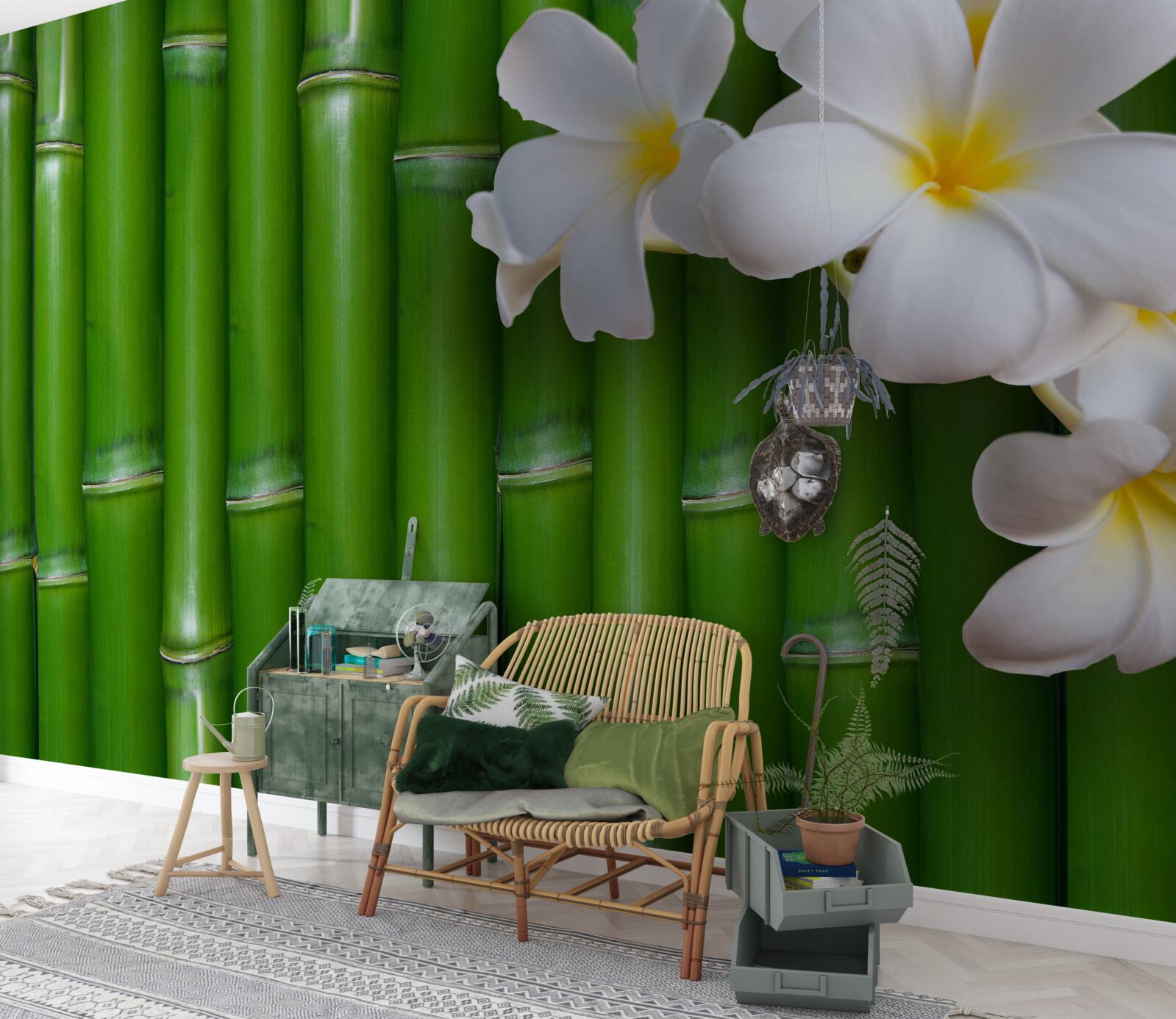 Fototapet flori luminoase pe bambus verde înalt