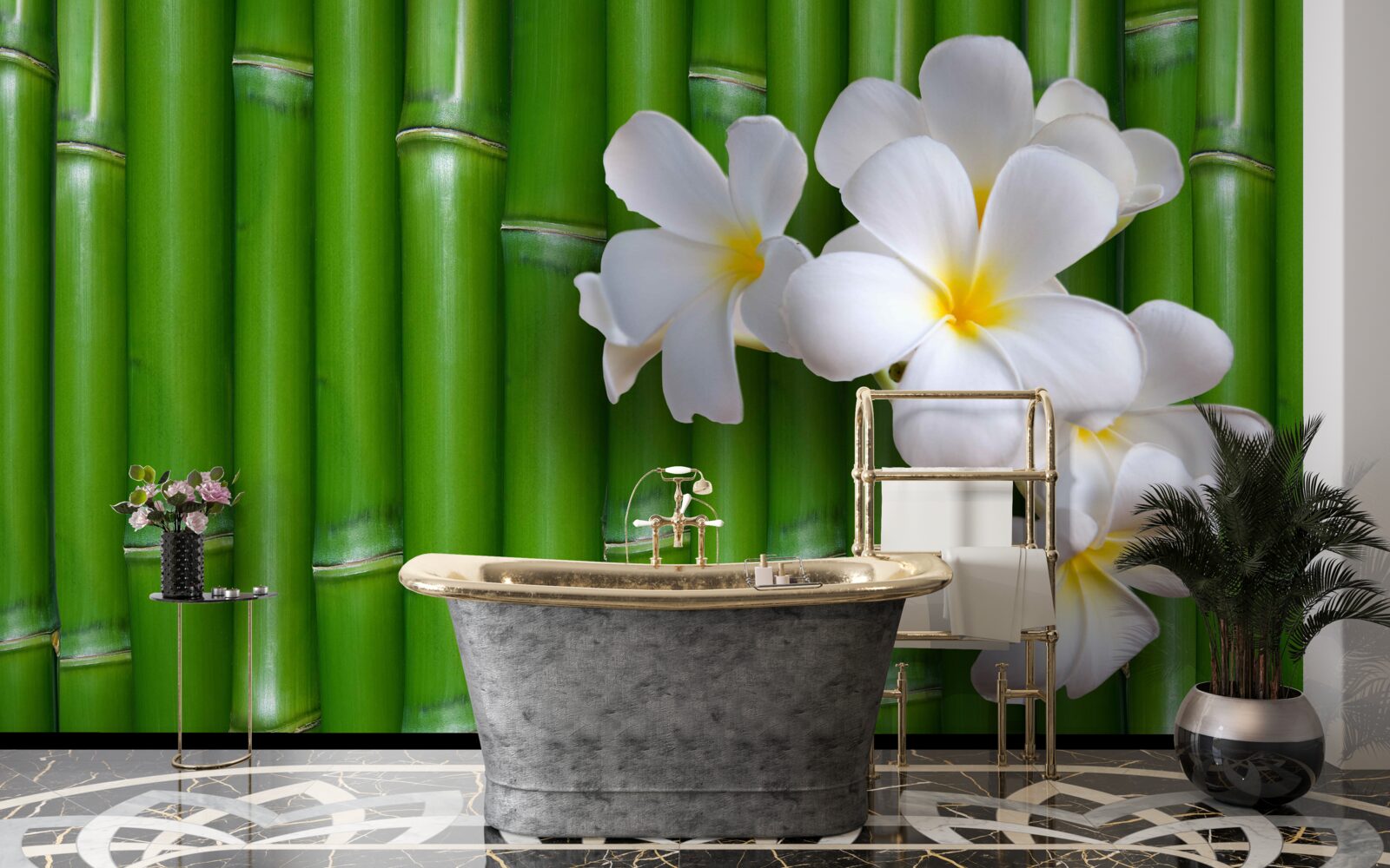 Fototapet flori luminoase pe bambus verde înalt