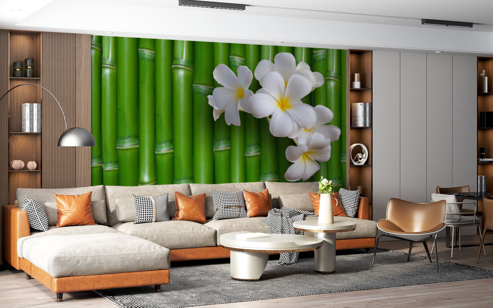 Fototapet flori luminoase pe bambus verde înalt