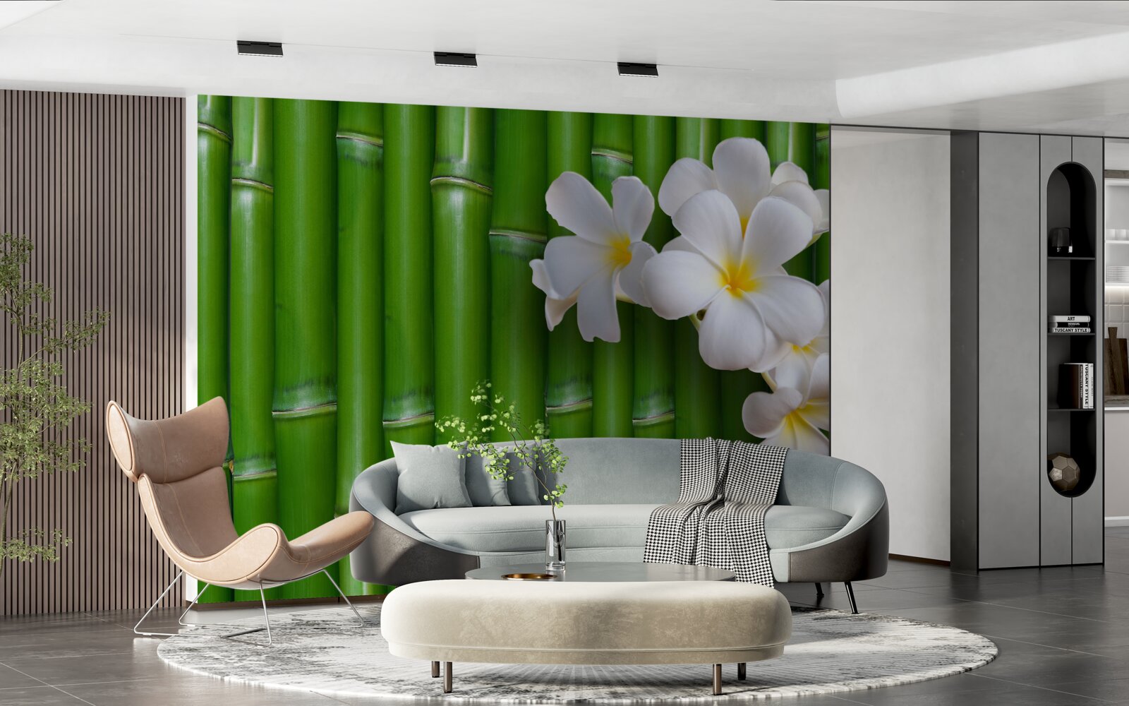 Fototapet flori luminoase pe bambus verde înalt