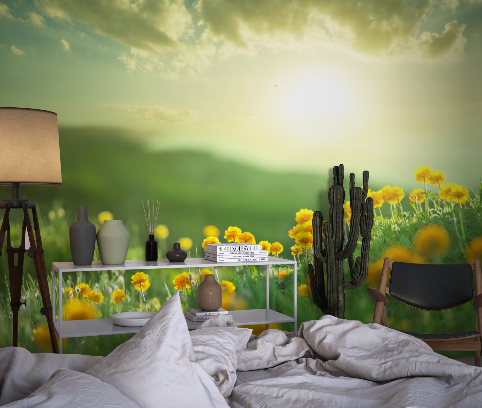 Fototapet pe o pajiște, păpădiile aurii privesc răsăritul