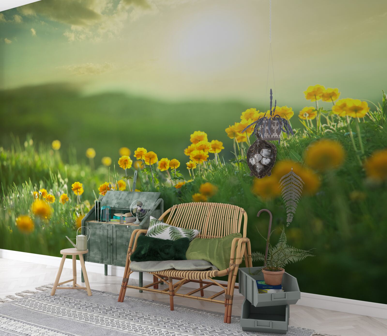 Fototapet pe o pajiște, păpădiile aurii privesc răsăritul