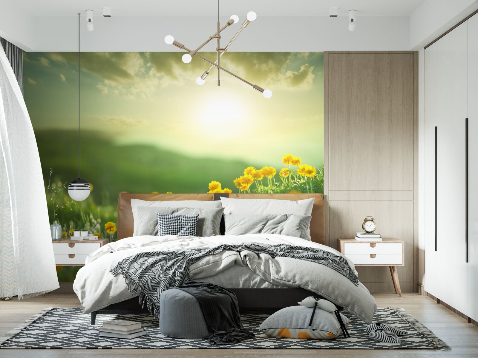 Fototapet pe o pajiște, păpădiile aurii privesc răsăritul