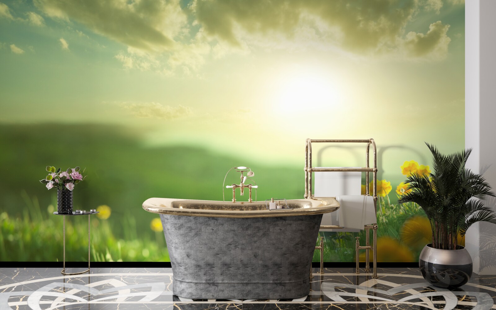 Fototapet pe o pajiște, păpădiile aurii privesc răsăritul