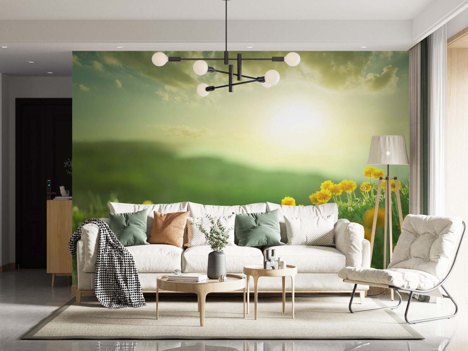 Fototapet pe o pajiște, păpădiile aurii privesc răsăritul