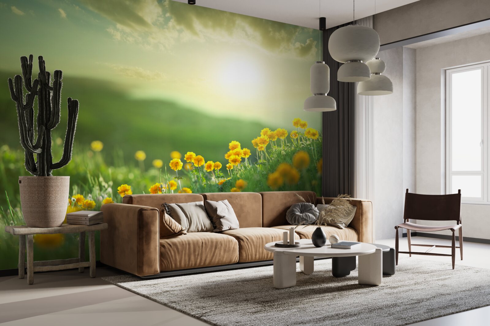 Fototapet pe o pajiște, păpădiile aurii privesc răsăritul