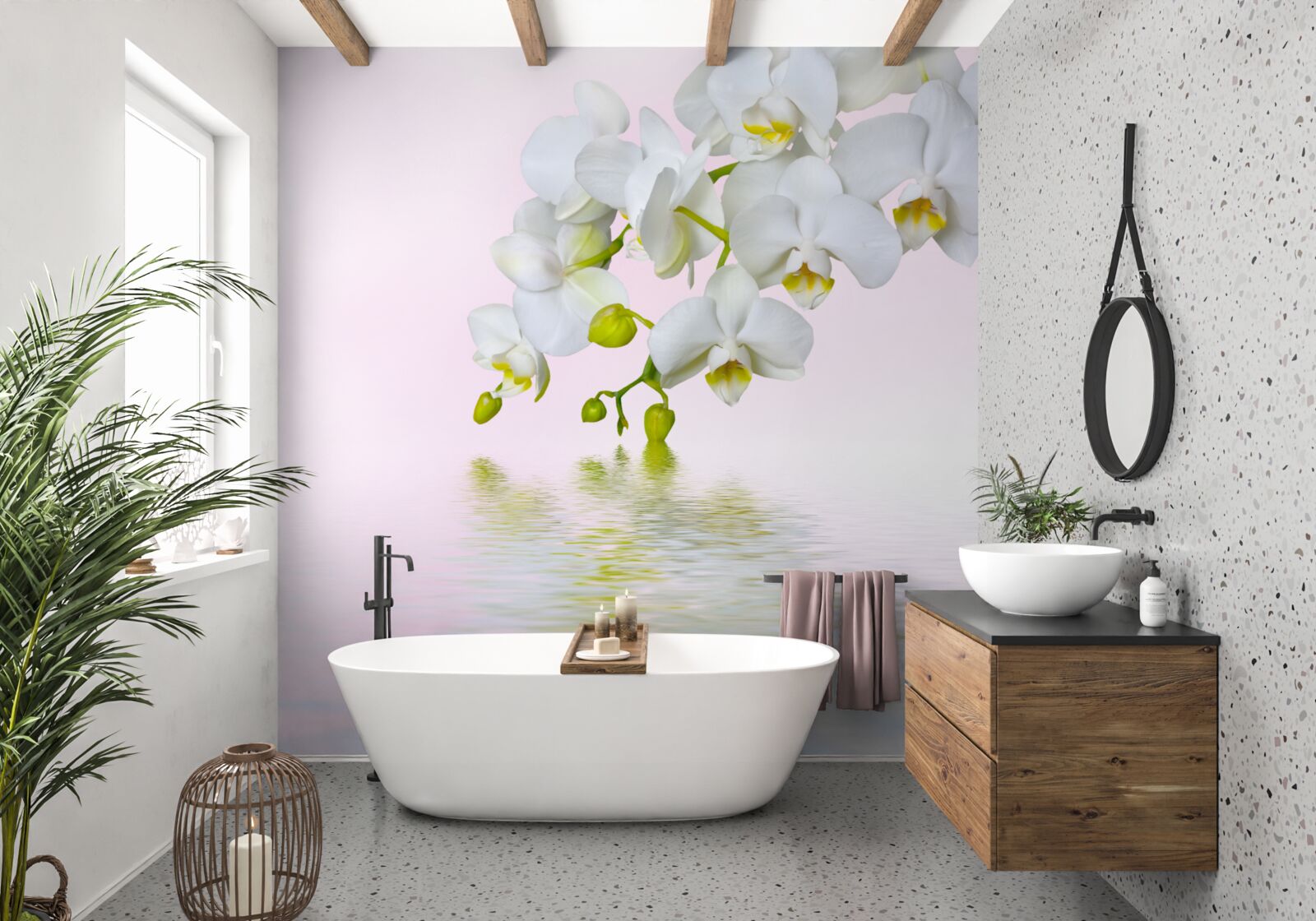 Fototapet orhidee albă cu flori și muguri lângă apă