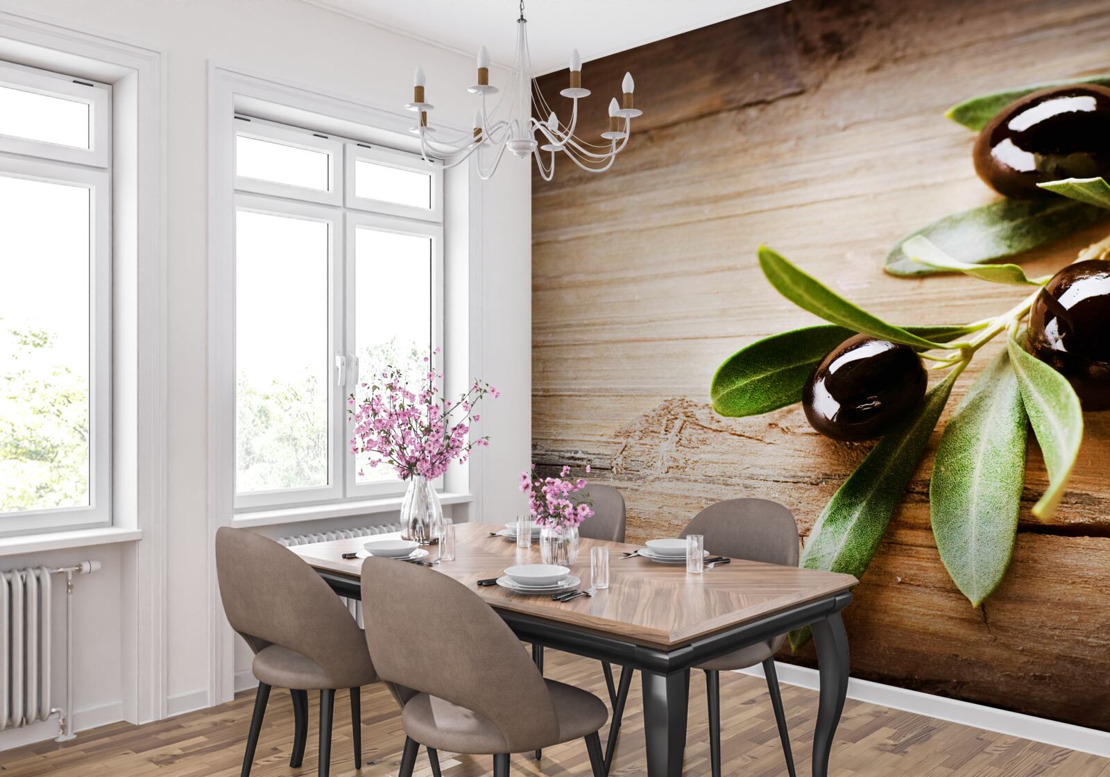 Fototapet ramuri decorate cu măsline negre și frunze verzi