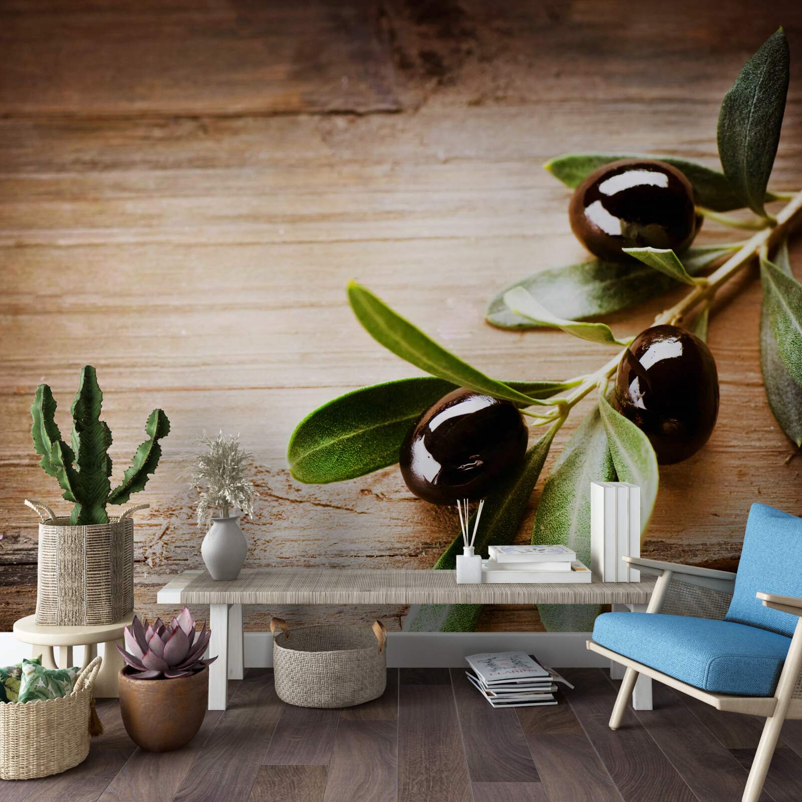 Fototapet ramuri decorate cu măsline negre și frunze verzi