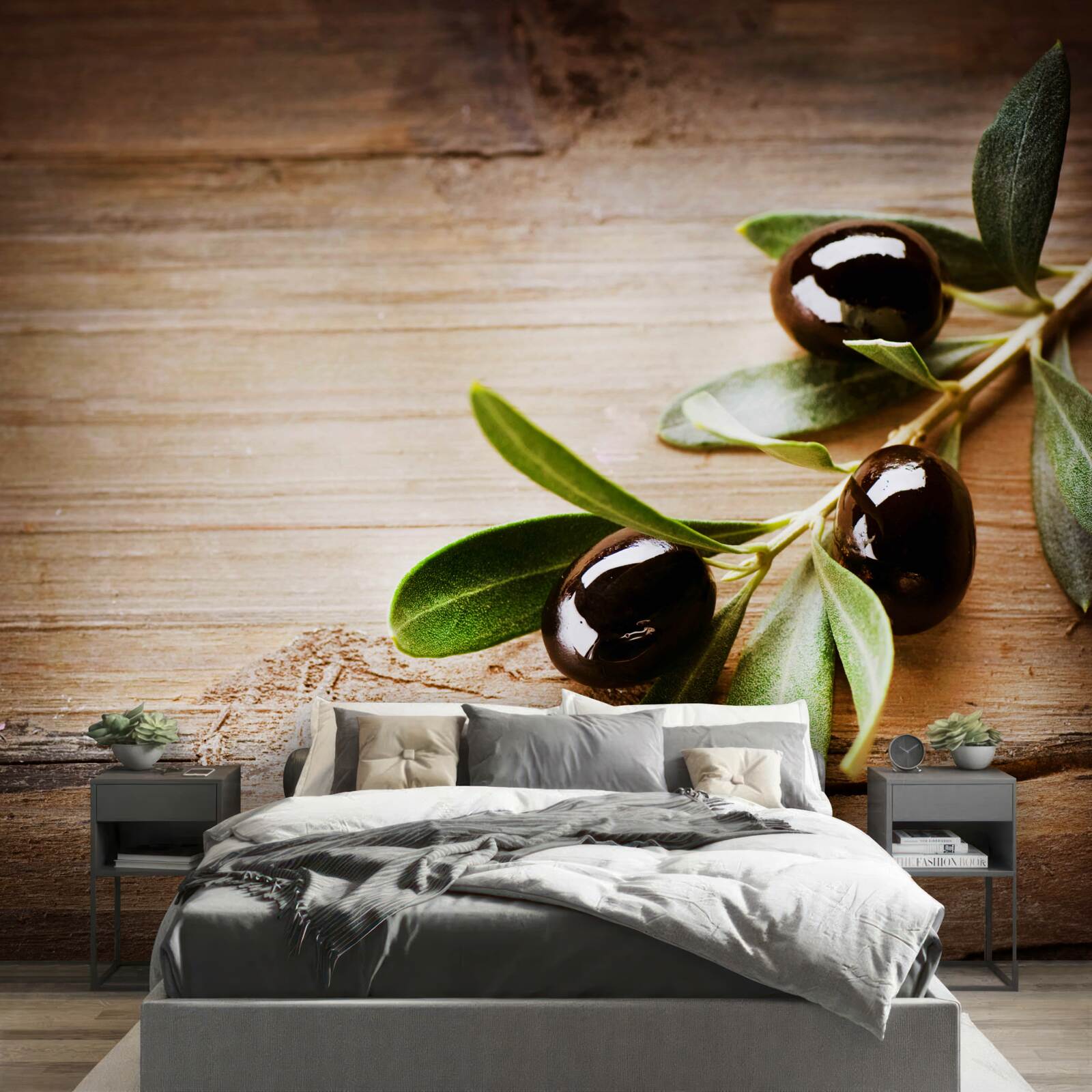 Fototapet ramuri decorate cu măsline negre și frunze verzi