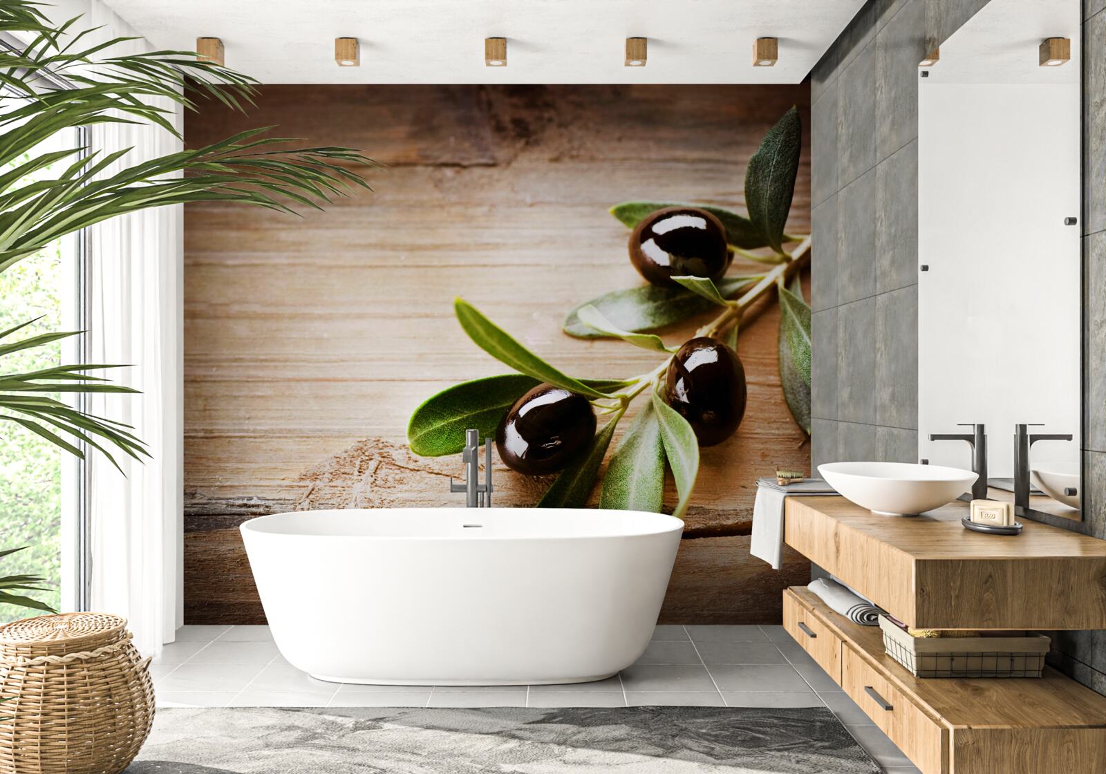 Fototapet ramuri decorate cu măsline negre și frunze verzi