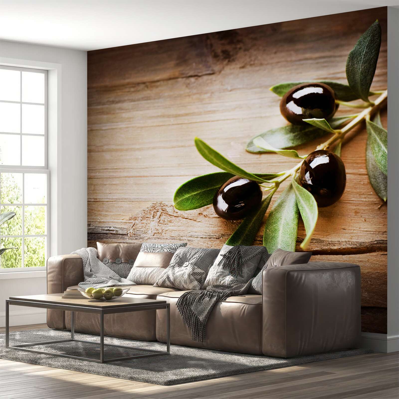 Fototapet ramuri decorate cu măsline negre și frunze verzi
