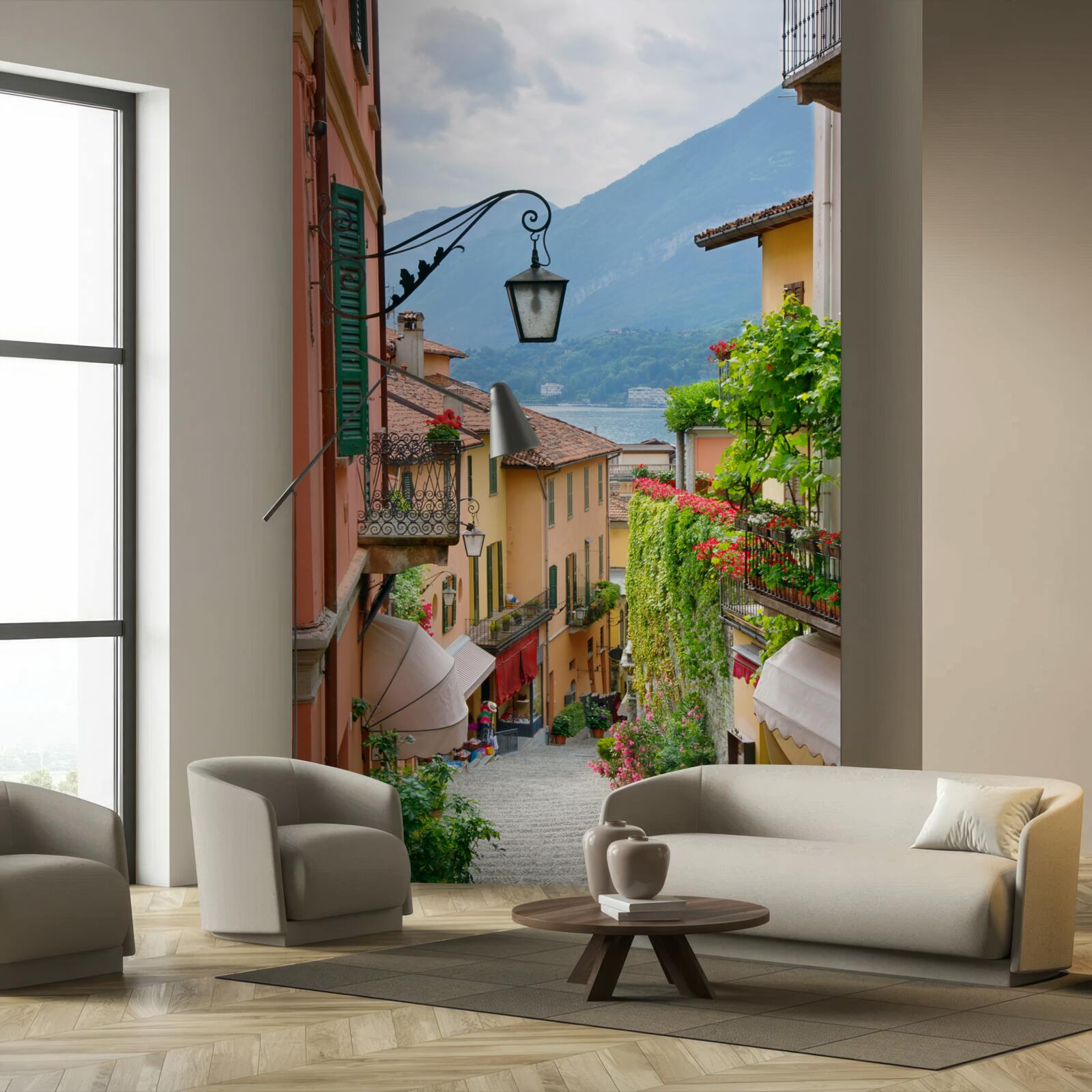 Fototapet stradă care duce spre mare, decorată cu flori și verdeață