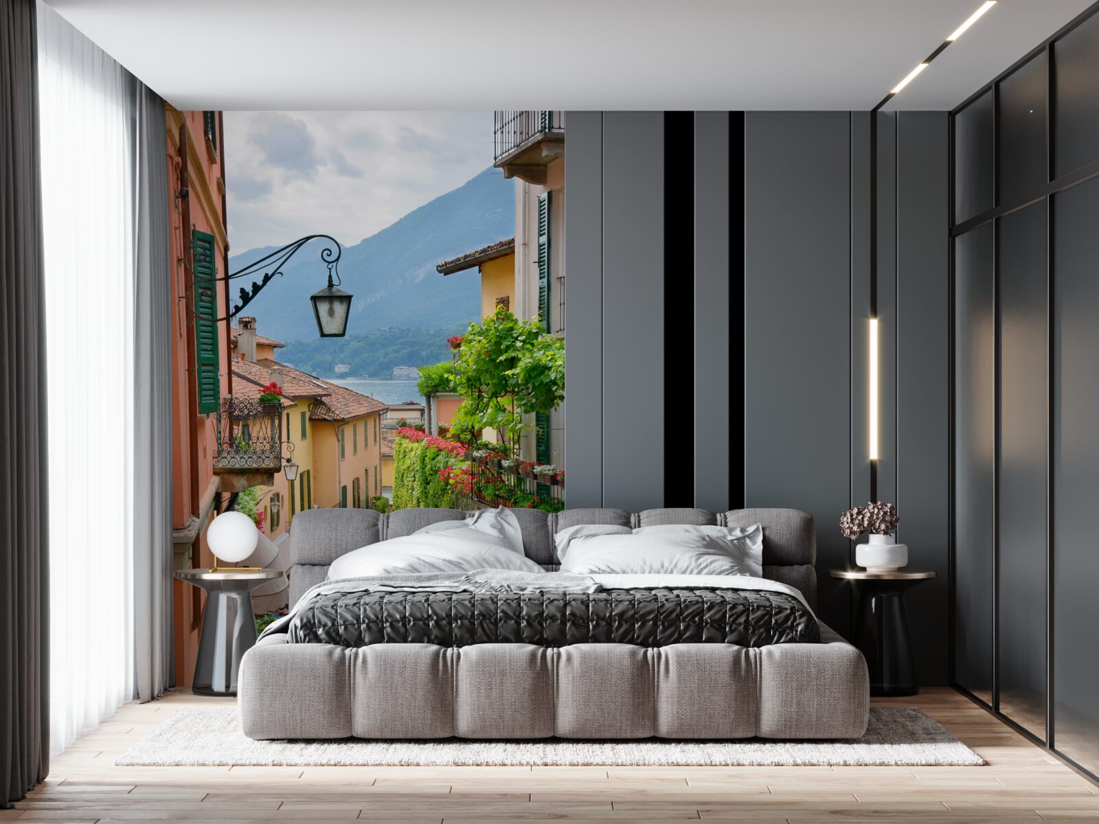 Fototapet stradă care duce spre mare, decorată cu flori și verdeață