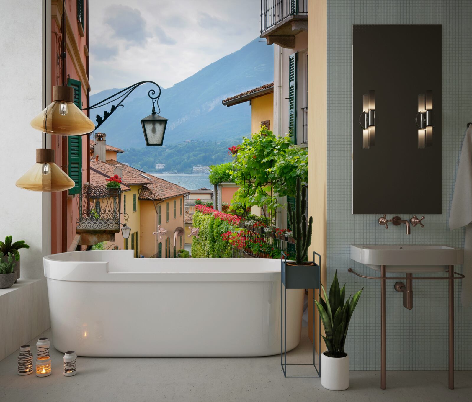 Fototapet stradă care duce spre mare, decorată cu flori și verdeață