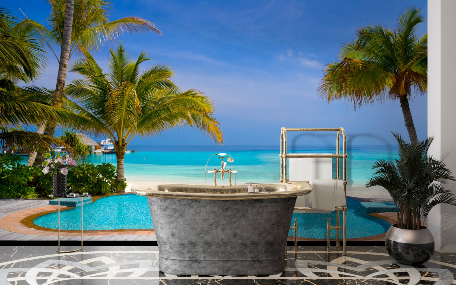 Fototapet piscină aproape de mal, înconjurată de palmieri