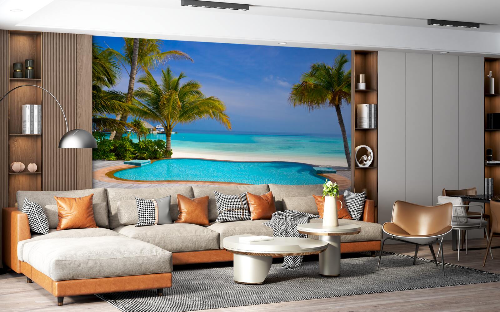 Fototapet piscină aproape de mal, înconjurată de palmieri