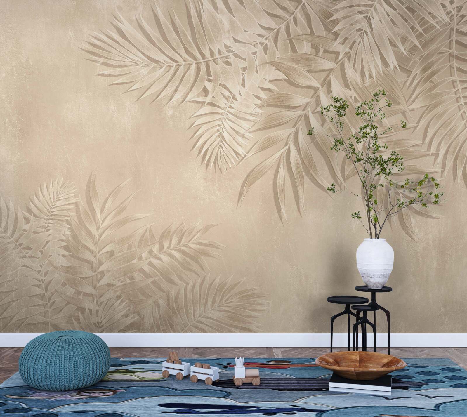 Fototapet frunze de ferigă și monstera pe un fundal deschis