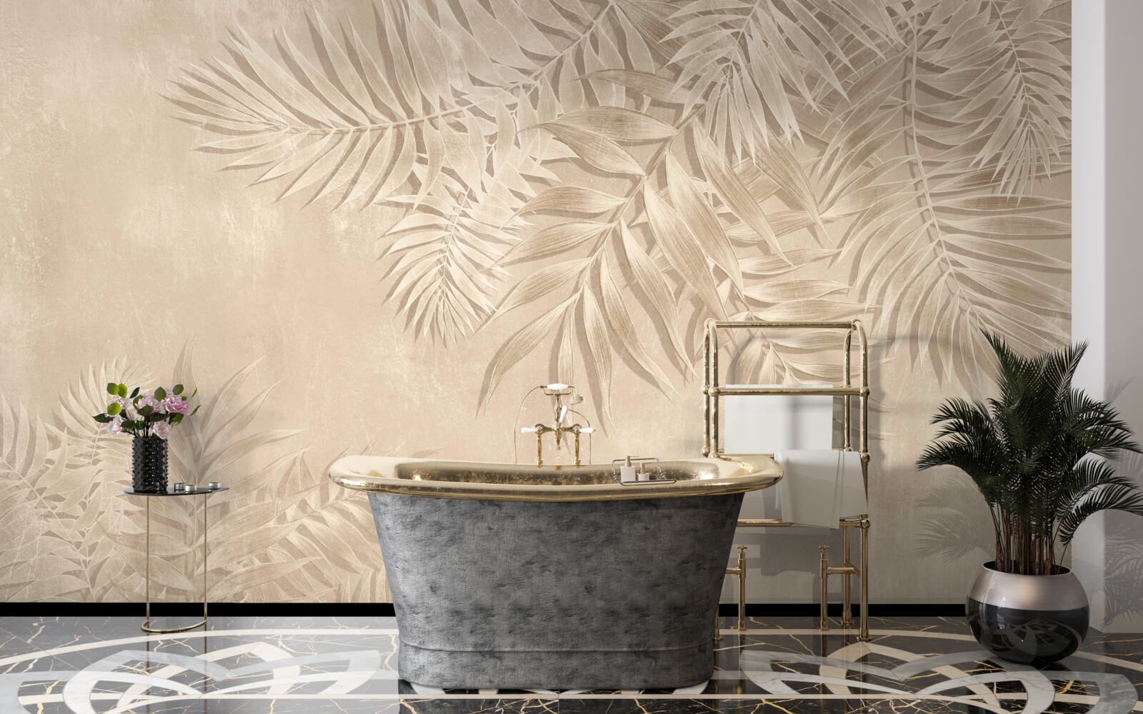 Fototapet frunze de ferigă și monstera pe un fundal deschis