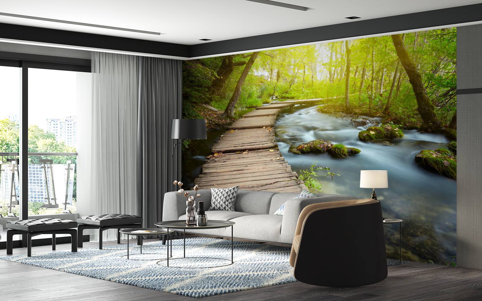 Fototapet cărare de lemn lângă râu într-o pădure însorită