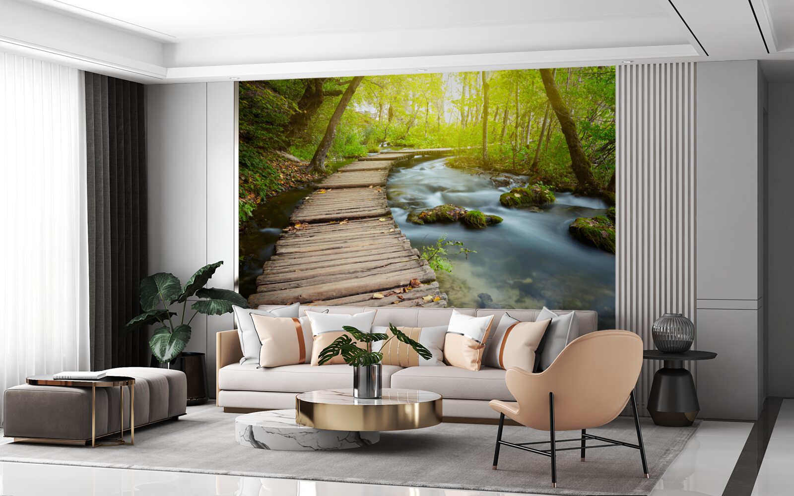 Fototapet cărare de lemn lângă râu într-o pădure însorită