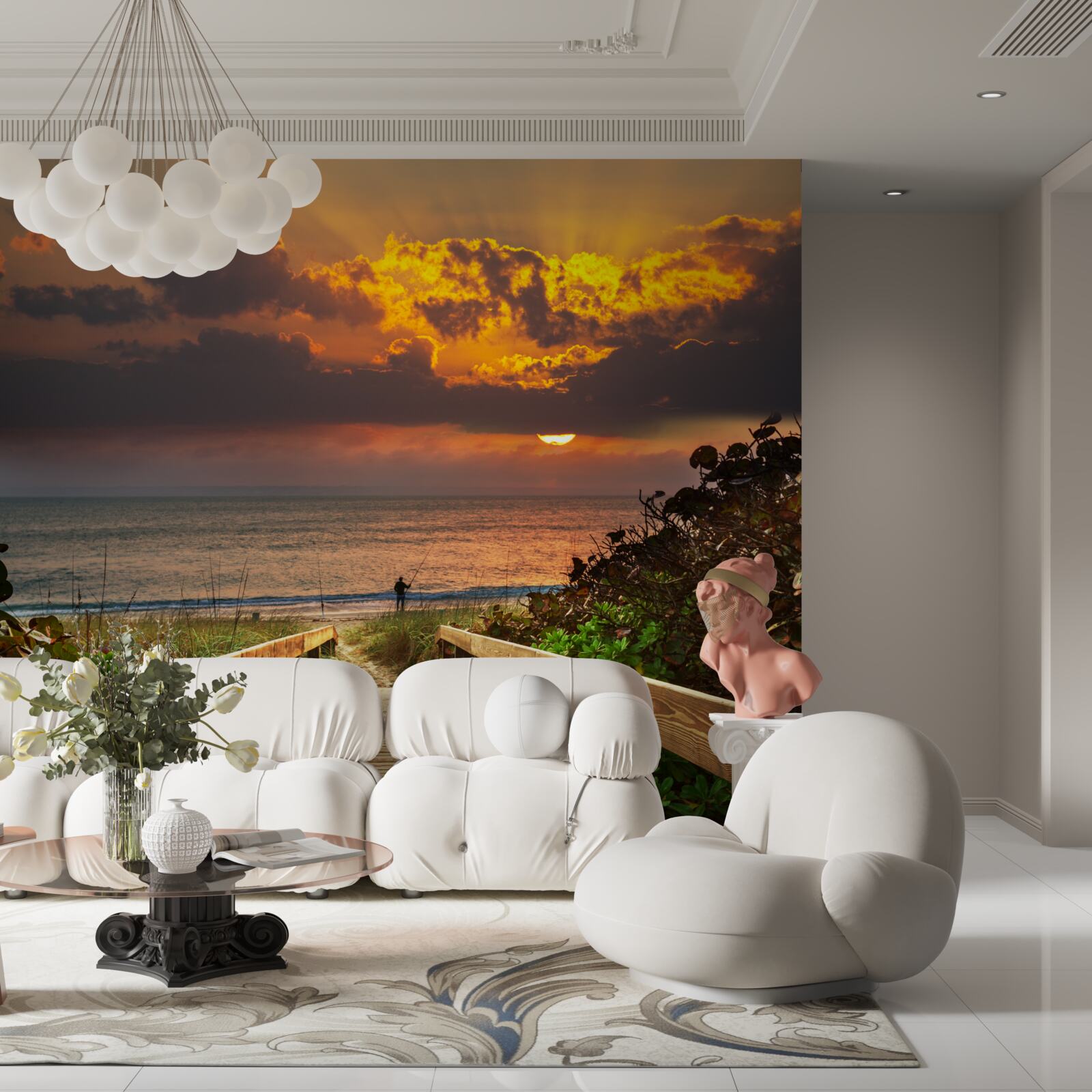 Fototapet soarele apune sub orizont pe malul mării