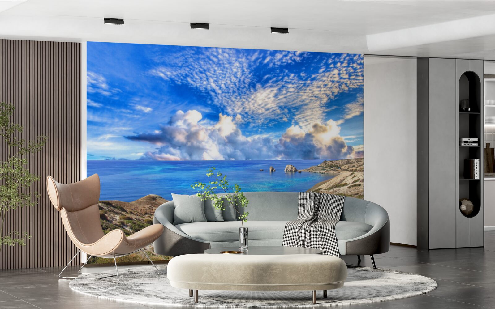 Fototapet nori cirrus la orizont, la interfața dintre uscat și ocean