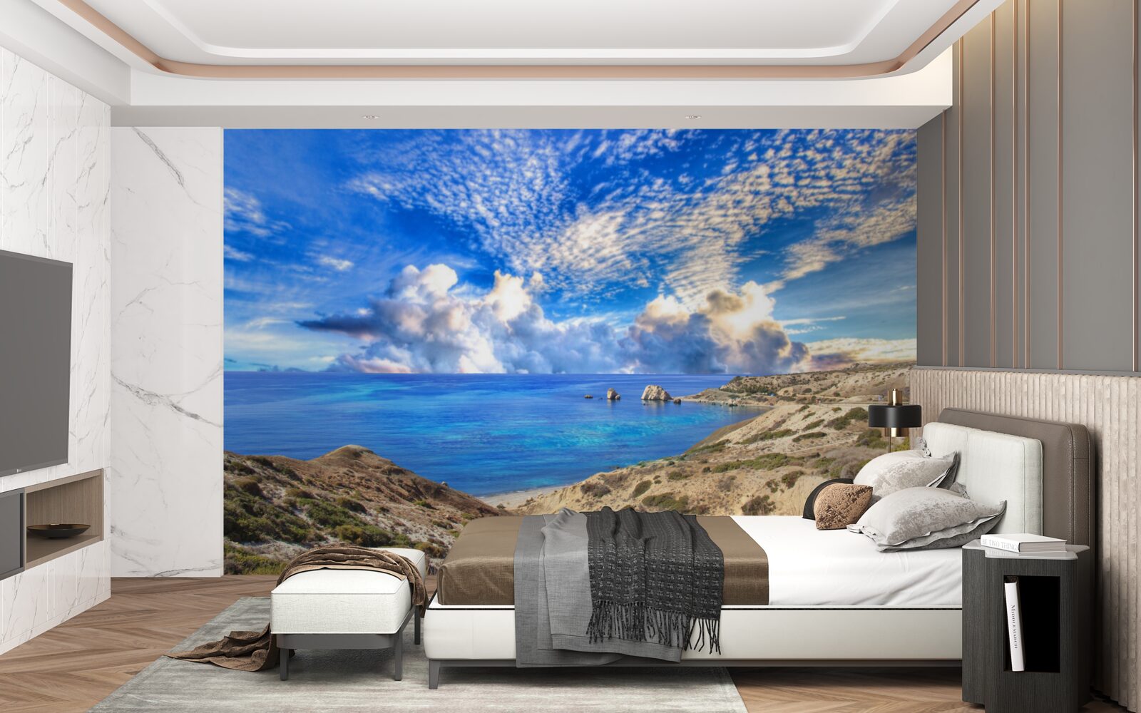 Fototapet nori cirrus la orizont, la interfața dintre uscat și ocean