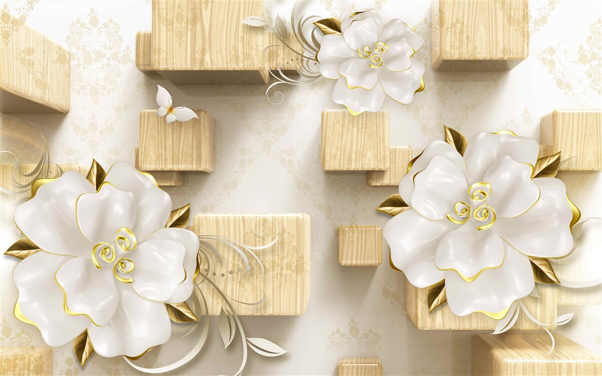 Fototapet accente aurii pe flori albe așezate pe cuburi de lemn