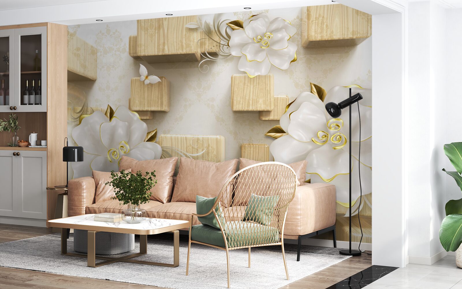 Fototapet accente aurii pe flori albe așezate pe cuburi de lemn