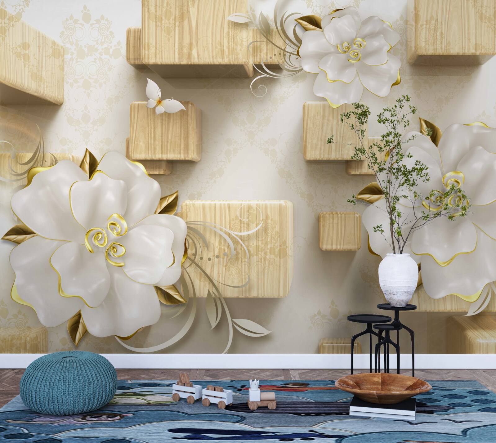 Fototapet accente aurii pe flori albe așezate pe cuburi de lemn