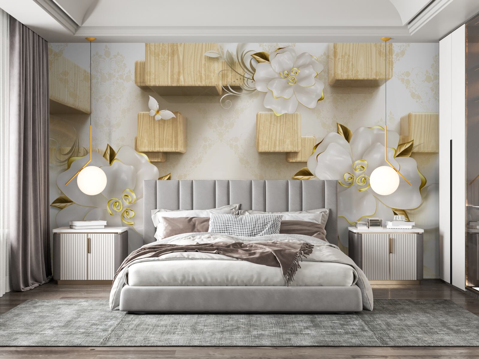 Fototapet accente aurii pe flori albe așezate pe cuburi de lemn