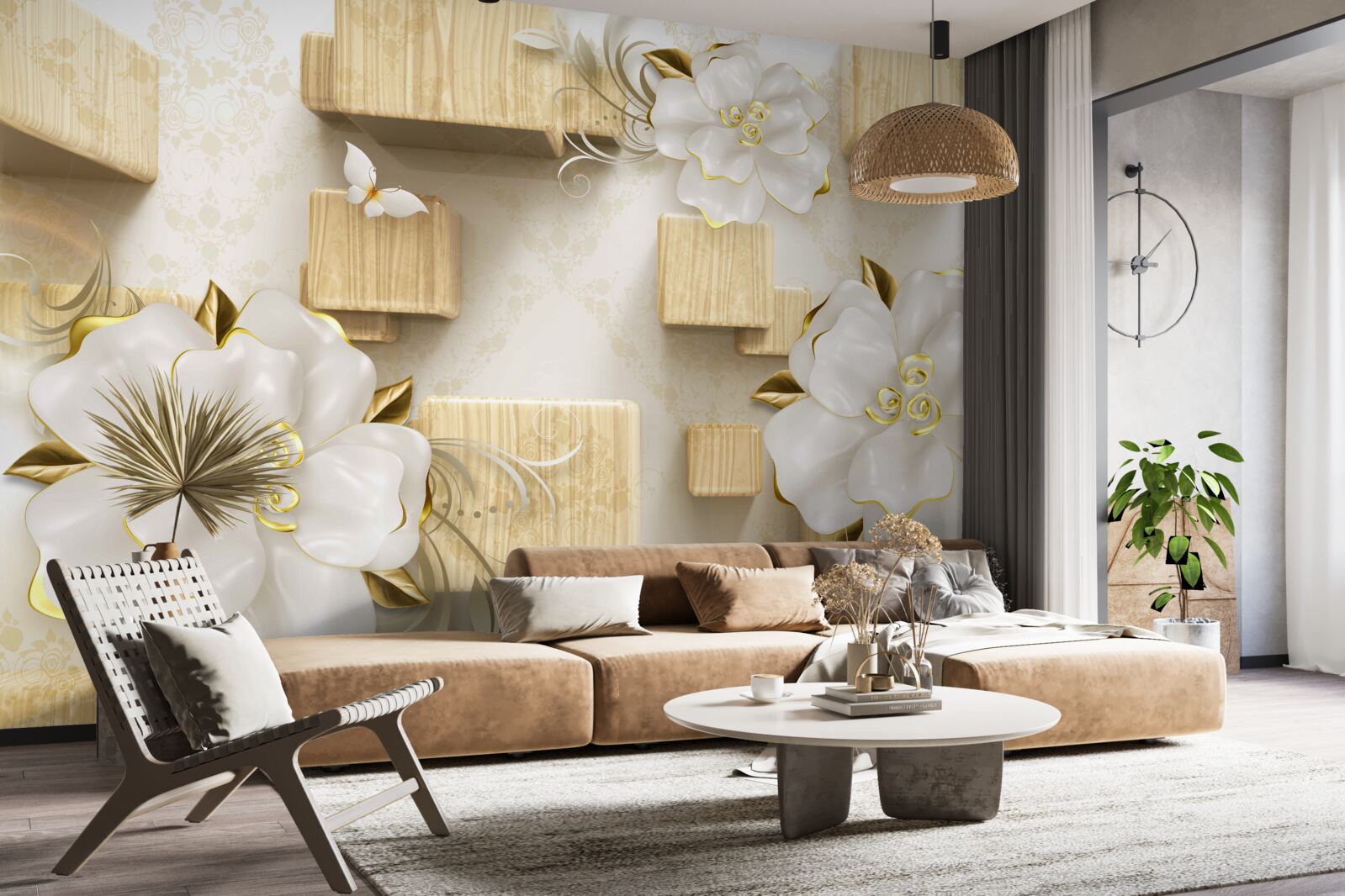 Fototapet accente aurii pe flori albe așezate pe cuburi de lemn