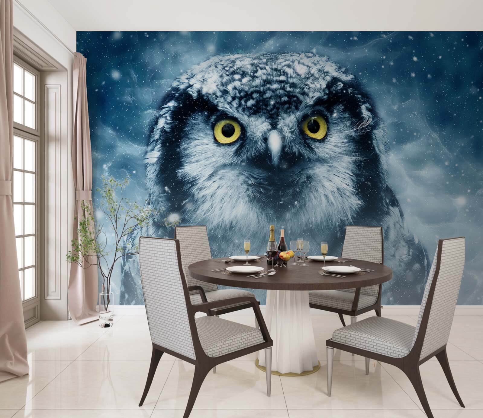 Fototapet iarna, o bufniță mare cu ochi aurii