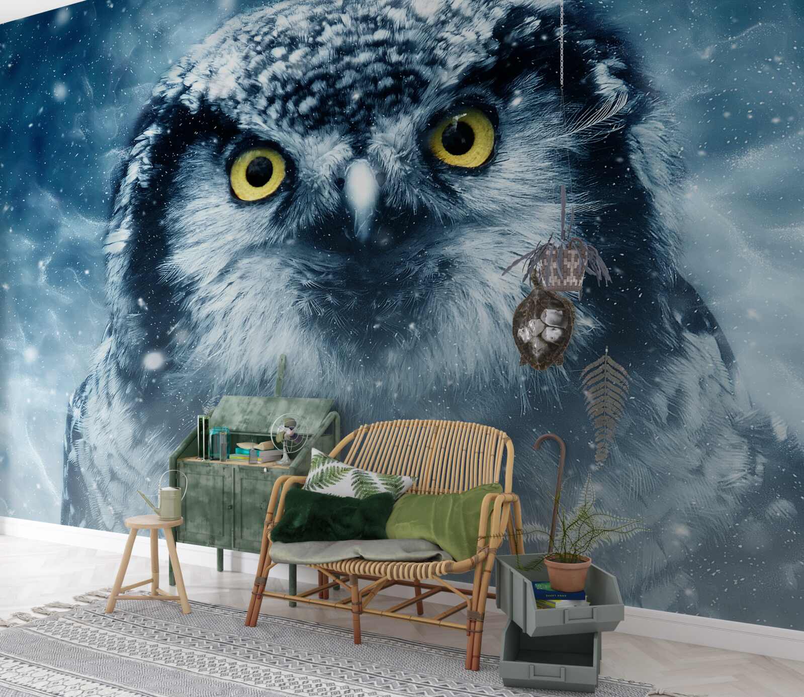 Fototapet iarna, o bufniță mare cu ochi aurii