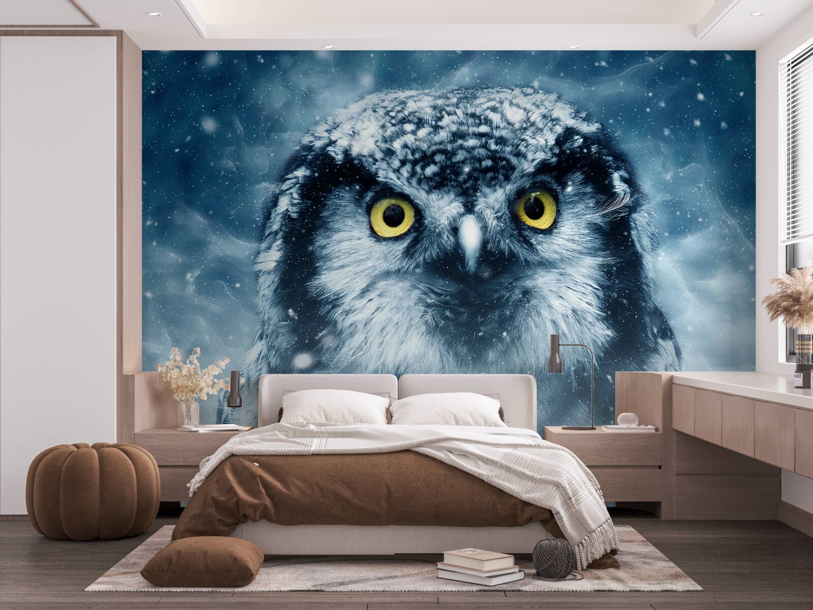 Fototapet iarna, o bufniță mare cu ochi aurii